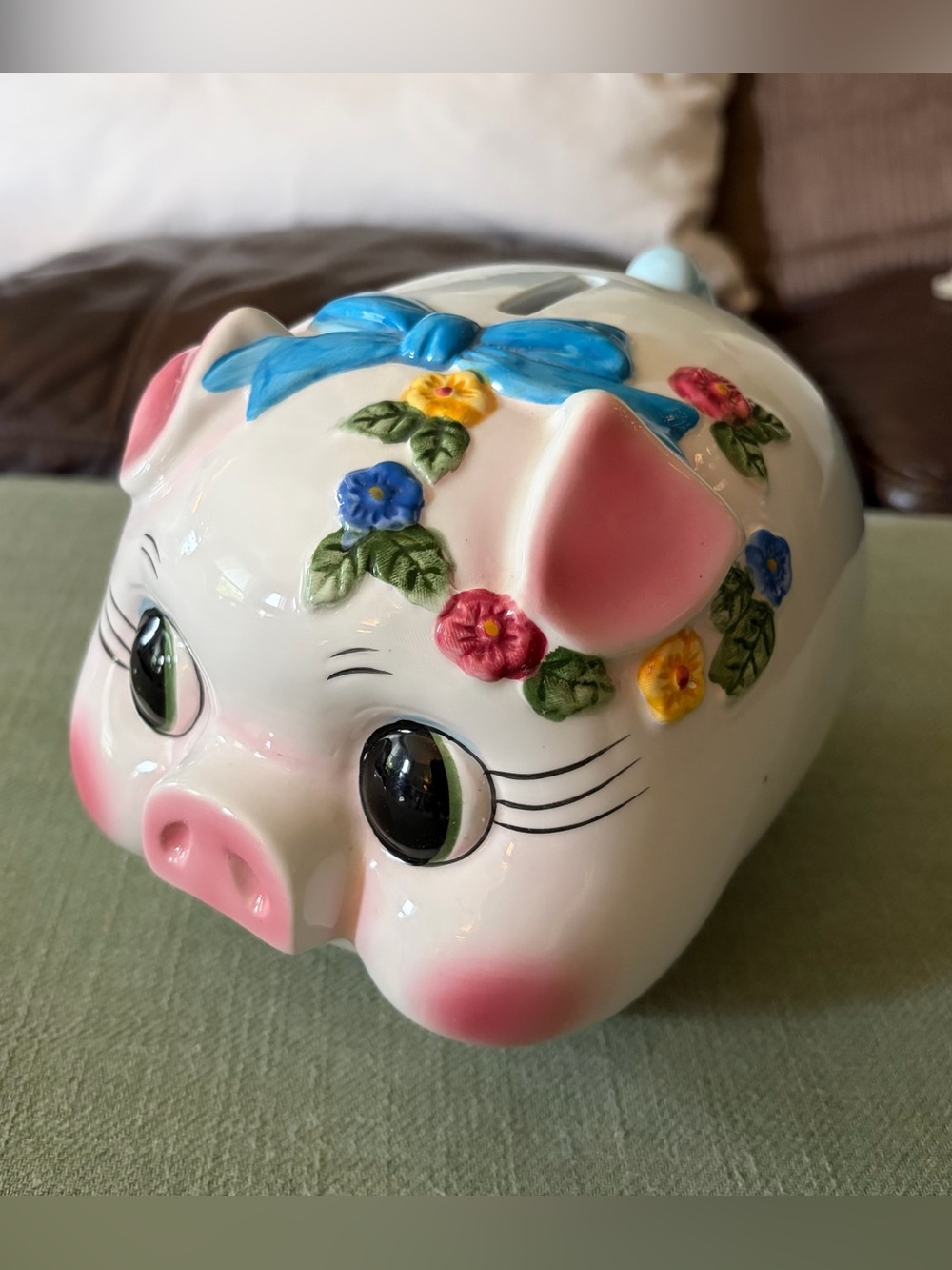 Vintage 1960’s Ceramic Anthropomorphic Pastel Pink and Blue Big Eyed Piggy Bank